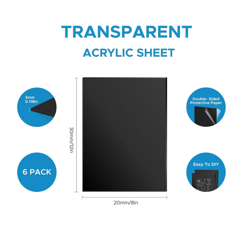 6-Pack Colored Acrylic Sheets – 8" x 12" | 0.1" Laser-Ready Plexiglass