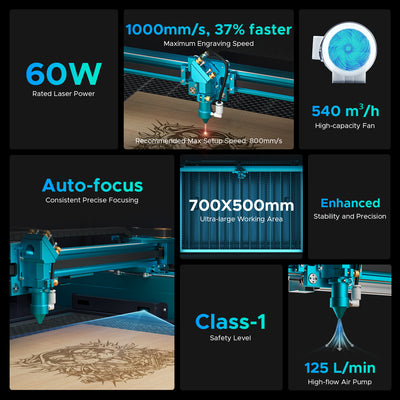 60W CO2 Laser Engraving Machine & Cutter with 700×500 mm Engraving Area and Autofocus| Pronto-35S