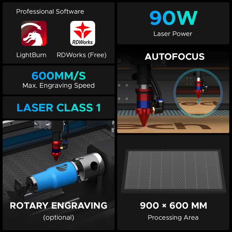 90W CO2 Laser Engraver Cutting Machine with 900 × 600 mm Working Area and Autofocus | Turbo-968