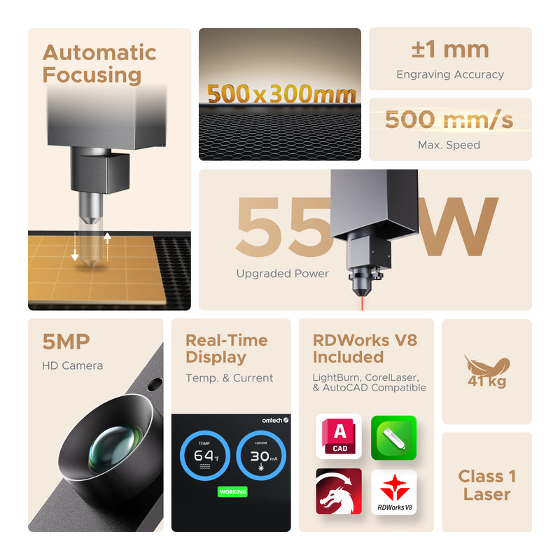 55W CO2 Polar Lite Desktop Laser Cutter and Engraver with 50x300 mm Engraving Area and Autofocus | OMTech Polar Lite